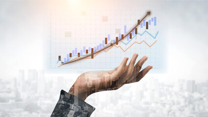 A creative depiction of business growth featuring a hand presenting an upward graph against a blurred cityscape. Ideal for finance and marketing concepts. Impute
