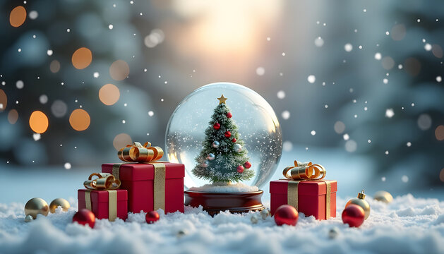 Christmas snow globe with gifts and festive decorations in a winter wonderland - Powered by Adobe