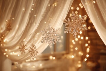 Warm Festive Christmas Interior Decor With Snowflakes And String Lights