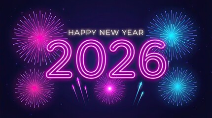 Happy New Year 2026 Neon Fireworks Celebration Background
