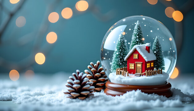Festive snow globe with a cozy red house and winter pine trees