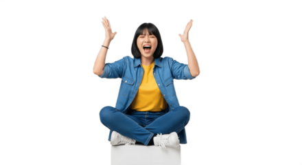 Young woman with dark high ponytail sitting cross-legged on a white block, screaming or singing with hands raised in an intense emotional pose, wearing a white graphic tee and ripped jeans on pure whi