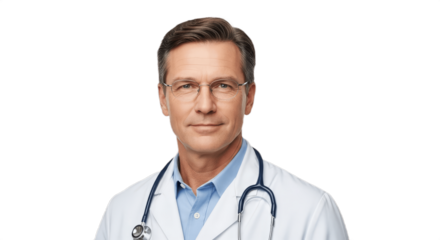 Professional male doctor with short brown hair and glasses wearing a white lab coat and stethoscope over a light blue shirt, looking confidently at the viewer with a friendly expression, isolated on w