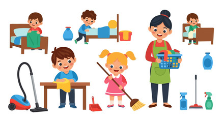 Children helping with household chores like cleaning, tidying, and laundry