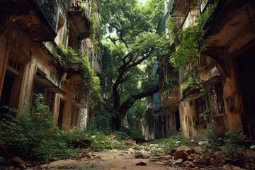Post-Apocalyptic Urban Ruins Slowly Reclaimed by Nature
