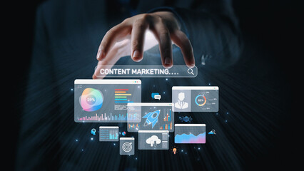 Content marketing interface with data dashboards, analytics charts, and content tools. Marketing success comes from content performance, content planning, and marketing optimization. Elide