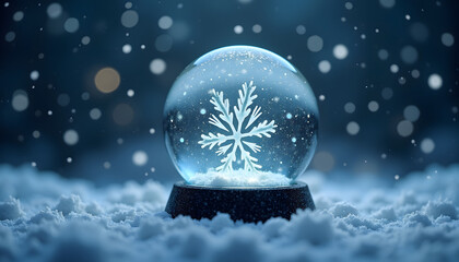 Snow globe with a snowflake inside, winter wonderland scene with falling snow