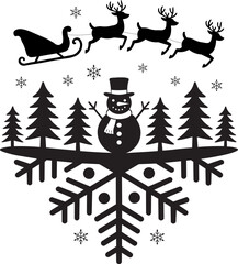 Festive holiday cheer with a playful snowman, reindeer, and Santa's sleigh silhouetted against a snowy winter wonderland scene for joyful seasonal designs