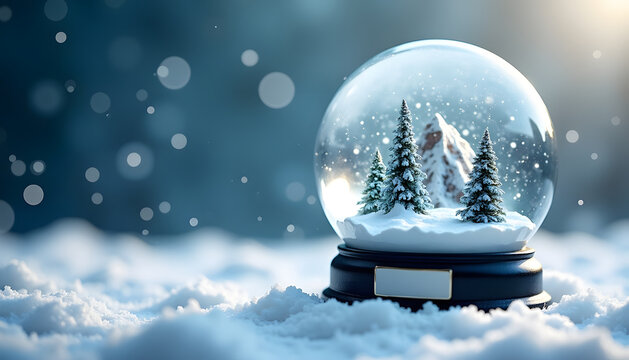 Snow globe with winter scene featuring trees and a snowy mountain