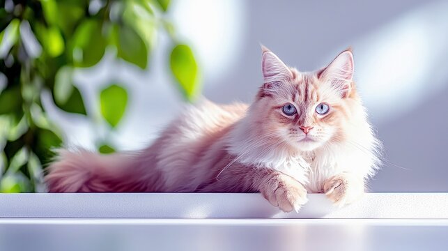 A long-haired, cream-colored cat with striking blue eyes is lying down on a white shelf. Its fur is soft and fluffy, with subtle orange tabby markings. The back