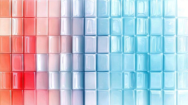 A close-up, top-down view of a grid of glossy, rectangular tiles arranged in a gradient from red on the left to blue on the right. The tiles have rounded edges