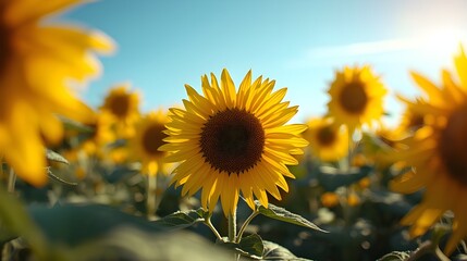 Fototapeta premium Bright Sunflower in a Sunny Field Under Clear Blue Sky