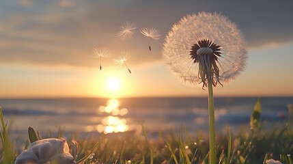 Dandelion seed head with flying seeds silhouetted against sunset over ocean, creating dreamy atmosphere for nature and tranquility concepts.