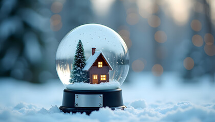 Snow globe with a miniature house and Christmas tree in a winter wonderland