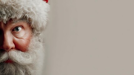 Close-up portrait of senior man with white beard and Santa hat looking surprised against neutral background, perfect for holiday advertising.