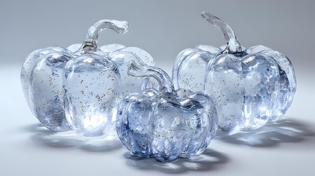 Crystal clear glass pumpkins with blue tint arranged in decorative group, creating elegant seasonal display for home decor or holiday celebrations.