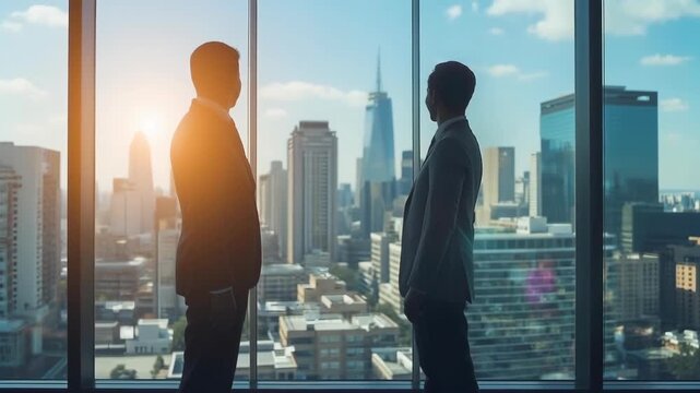Two figures in business attire, facing each other against a backdrop of a bustling city skyline, the sunlight casting a sense of opportunity.