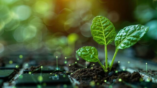 A vibrant and lively young plant is sprouting from the dark soil in a bright green and healthy environment