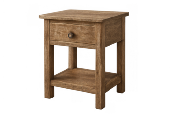 Wooden nightstand in rustic style with drawer and open shelf for bedroom storage, isolated on transparent background