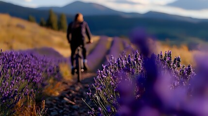 Naklejka premium Cyclist riding mountain bike through blooming lavender fields with scenic mountain landscape in background during golden hour.