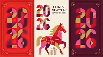 Chinese New Year 2026 Horse Zodiac Geometric Celebration Design