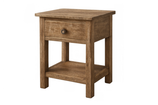 Wooden nightstand in rustic style with drawer and open shelf for bedroom storage, isolated on transparent background