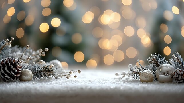 Festive winter composition with pine cones, silver ornaments and fir branches on snow with golden bokeh lights in background.