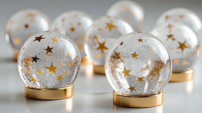 Elegant glass snow globes with golden star patterns on gold bases, creating festive holiday atmosphere for seasonal home decor. - Powered by Adobe