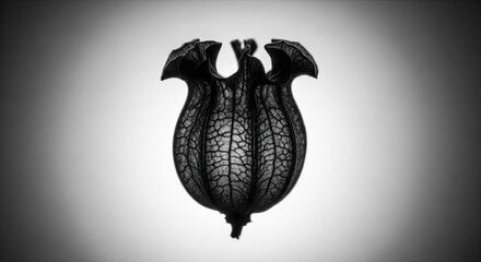 A dramatic black and white macro photograph of a delicate, skeletal physalis husk, showcasing its intricate vein structure against a soft, isolated gradient background