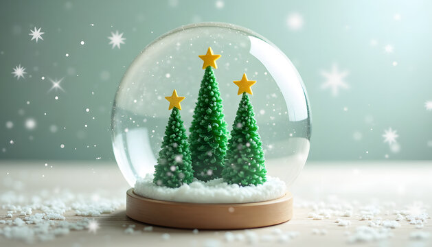 Christmas snow globe with miniature trees and falling snowflakes