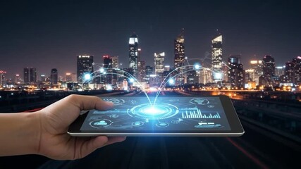 A hand holds a digital tablet displaying data visuals with connecting lines. Skyscrapers form a cityscape at night - Powered by Adobe