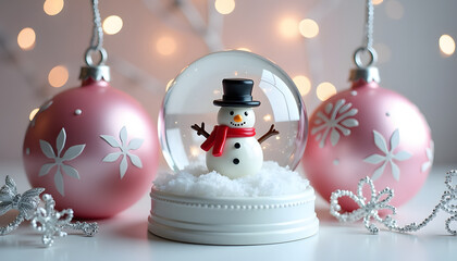 Festive snowman snow globe with pink Christmas ornaments and bokeh lights
