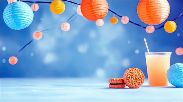 Close-up of traditional Chinese mooncakes and a refreshing drink with a straw, set against a vibrant blue bokeh background adorned with colorful paper lanterns. - Powered by Adobe