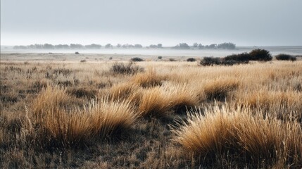 Misty Endless Steppe Stretching into a Quiet and Boundless Horizon
