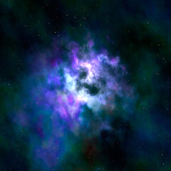 Cosmic landscape, awesome glowing huge nebula with young stars.