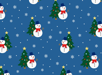 Festive seamless pattern with cute snowmen, Christmas trees, snowflakes and star decorations on blue background. Perfect for holiday wrapping paper, winter textiles, gift cards, banners, kids products