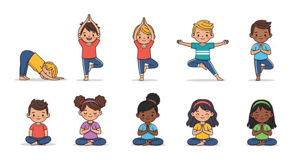 Joyful Children's Yoga Class Illustration Featuring Diverse Kids Engaging in Various Poses, Promoting Balance, Wellness, and Mindfulness