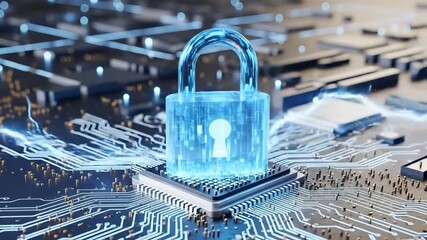 Advanced cybersecurity technology with a luminous padlock safeguarding a microchip, representing digital information safety and encryption - Powered by Adobe