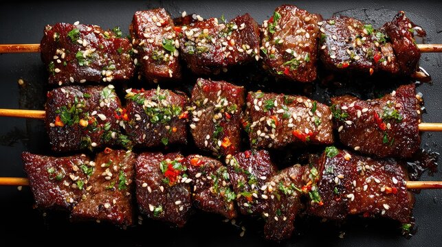 Top view of a Chinese Shaokao beef skewers, succulent grilled beef coated in cumin and chili seasoning