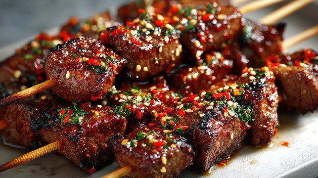 Chinese Shaokao beef skewers, succulent grilled beef coated in cumin and chili seasoning