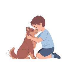 Fototapeta premium Cartoon boy embracing dog conveys the special bond between a child and his pet companionship
