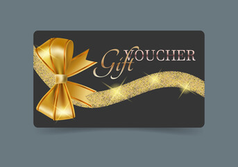 A gift voucher template with a gold realistic ribbon. Design an invitation, certificate, gift coupon, ticket or voucher. 