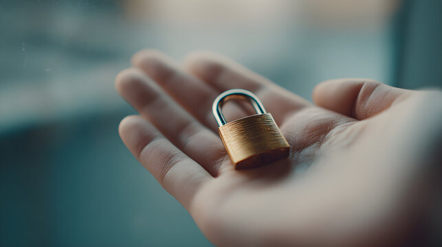 Hand holding padlock symbolizing digital data security and protection