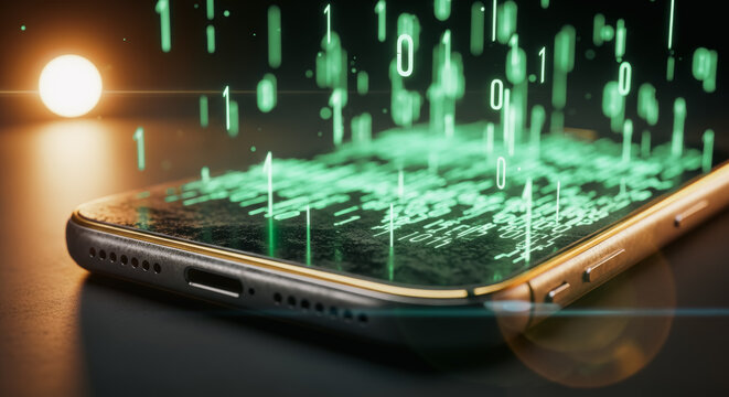 A detailed close-up shot of a modern smartphone with digital data streams cascading over the device. This image explores themes of technology, information, and the digital age.