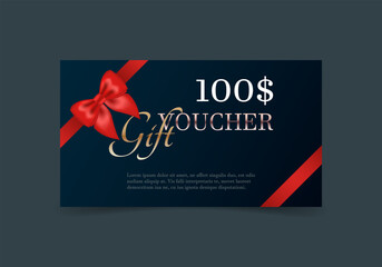 A gift voucher template with a realistic red ribbon.  Design an invitation, certificate, gift coupon, ticket or voucher. Vector illustration.