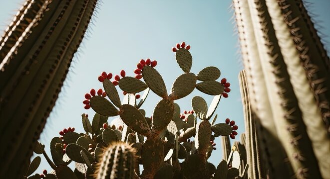 Sunlit prickly pear cactus bearing vibrant red fruit, viewed from a low angle between two towering columnar cacti against a serene, pale blue sky in an arid landscape