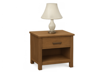 Wooden bedside table with lamp providing ambient lighting for bedroom decor isolated on transparent background