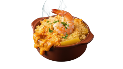 Steaming Bowl of Macaroni and Cheese Topped with a Shrimp and Crispy Crumble
