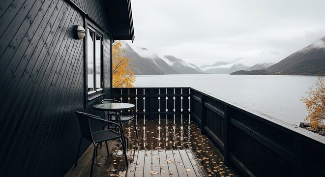 View from a modern black wooden house terrace with a wet floor and fallen leaves, looking out over a tranquil fjord and misty mountains on a cloudy autumn day