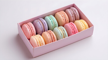Colorful macarons in pink gift box on white background